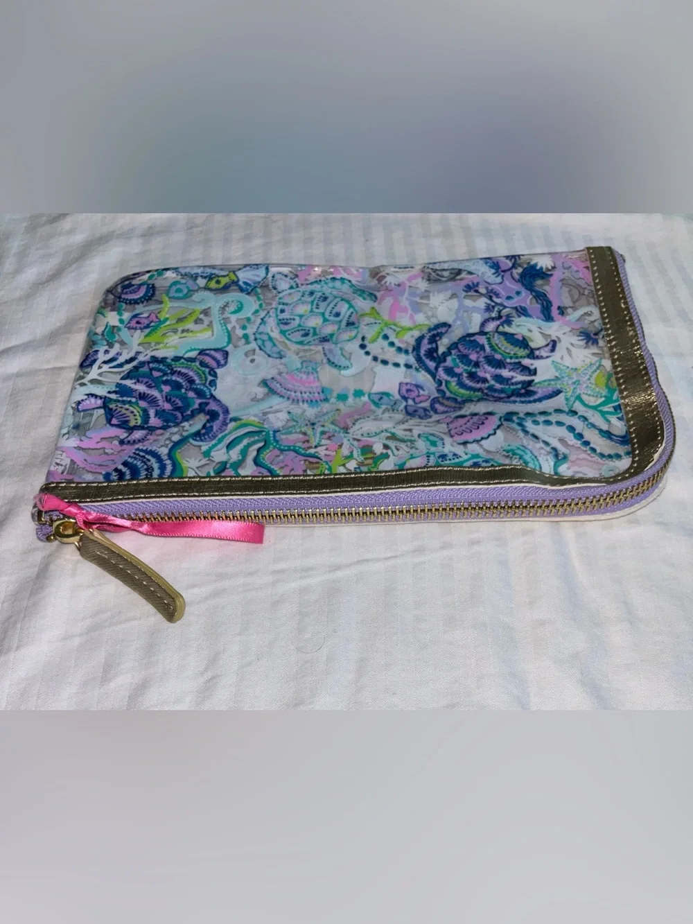 LILLY PULITZER Clear Zippered Storage Pouch Purple, Teal Sea Turtles O/S